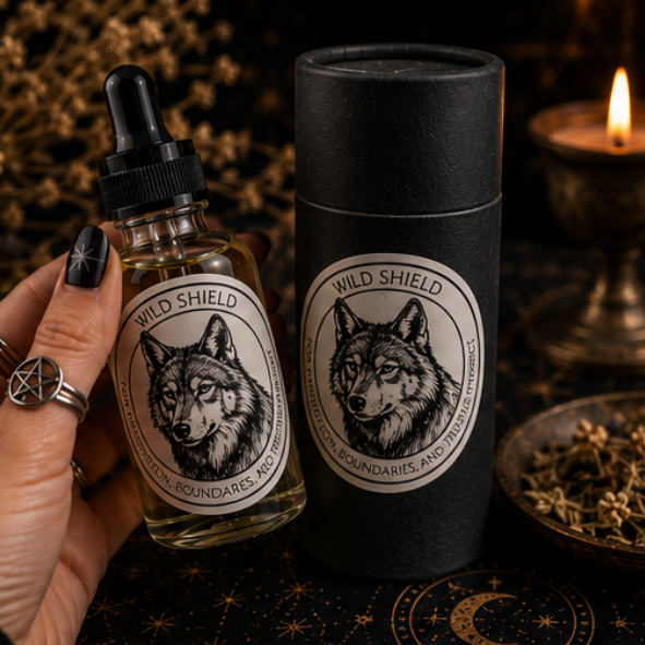 Wild Shield Wolf Intention Oil in a 30ml glass bottle with luxury presentation tube, clear quartz and black obsidian by Roaming Raven.