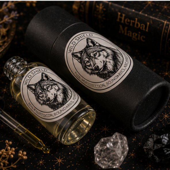 Wild Shield Wolf Intention Oil in a 30ml glass bottle with luxury presentation tube, clear quartz and black obsidian by Roaming Raven.