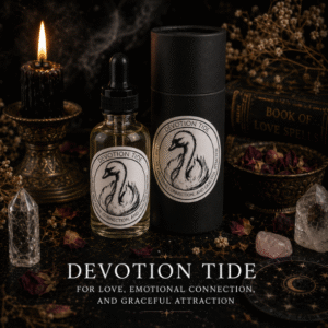 Devotion Tide Swan Intention Oil in a 30ml glass bottle with luxury presentation tube, rose quartz and black obsidian by Roaming Raven.