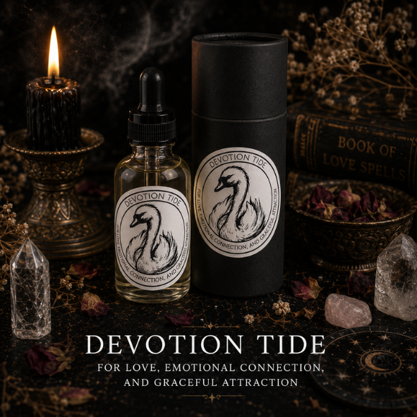 Devotion Tide Swan Intention Oil in a 30ml glass bottle with luxury presentation tube, rose quartz and black obsidian by Roaming Raven.