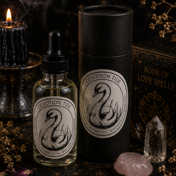 Devotion Tide Swan Intention Oil in a 30ml glass bottle with luxury presentation tube, rose quartz and black obsidian by Roaming Raven.