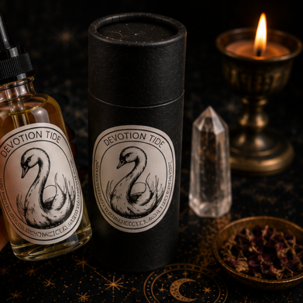 Devotion Tide Swan Intention Oil in a 30ml glass bottle with luxury presentation tube, rose quartz and black obsidian by Roaming Raven.