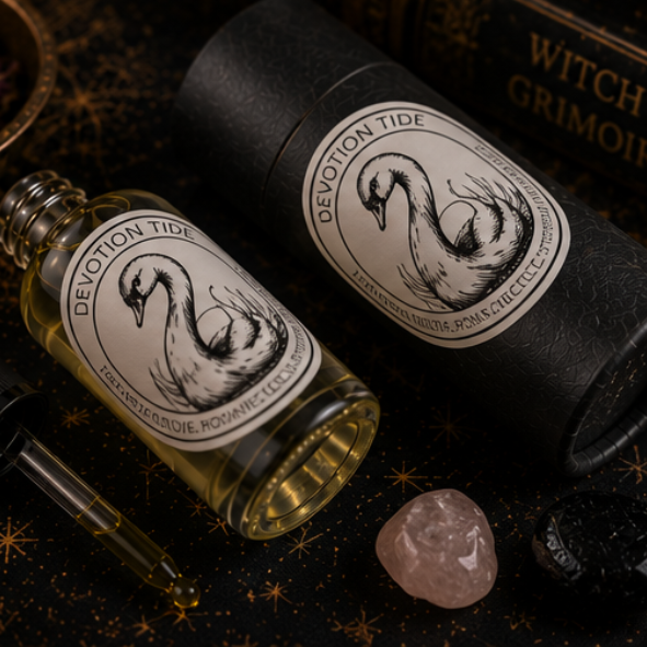 Devotion Tide Swan Intention Oil in a 30ml glass bottle with luxury presentation tube, rose quartz and black obsidian by Roaming Raven.