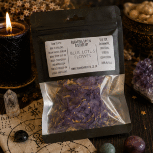 Premium Dried Blue Lotus Flowers in a resealable apothecary pouch for ritual, dreamwork and botanical collections by Roaming Raven.