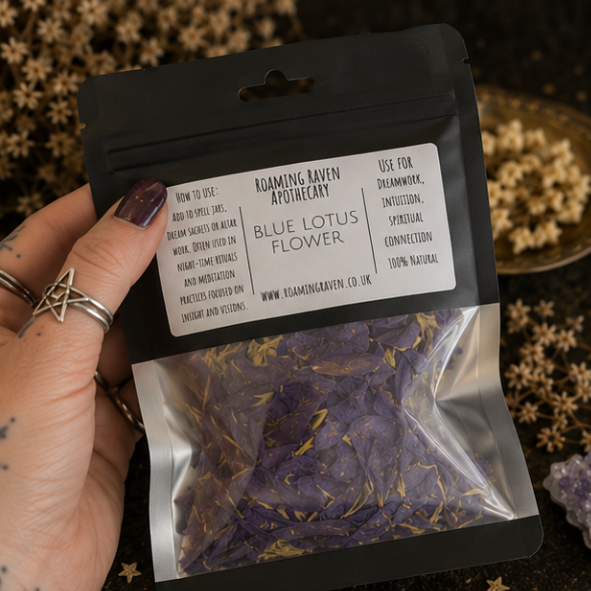 Premium Dried Blue Lotus Flowers in a resealable apothecary pouch for ritual, dreamwork and botanical collections by Roaming Raven.
