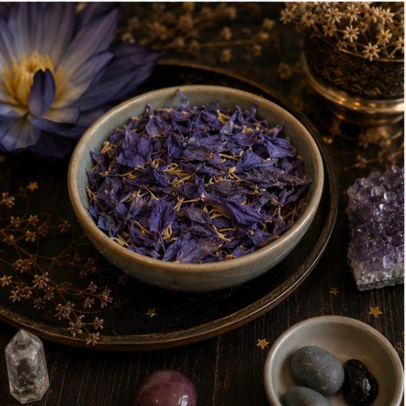 Premium Dried Blue Lotus Flowers in a resealable apothecary pouch for ritual, dreamwork and botanical collections by Roaming Raven.
