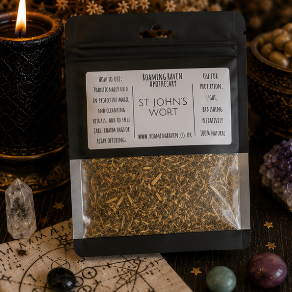 Premium Dried St John's Wort in a resealable apothecary pouch for ritual, herbal craft and botanical collections by Roaming Raven.