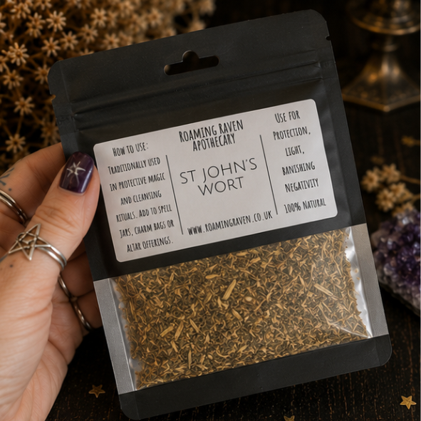 Premium Dried St John's Wort in a resealable apothecary pouch for ritual, herbal craft and botanical collections by Roaming Raven.