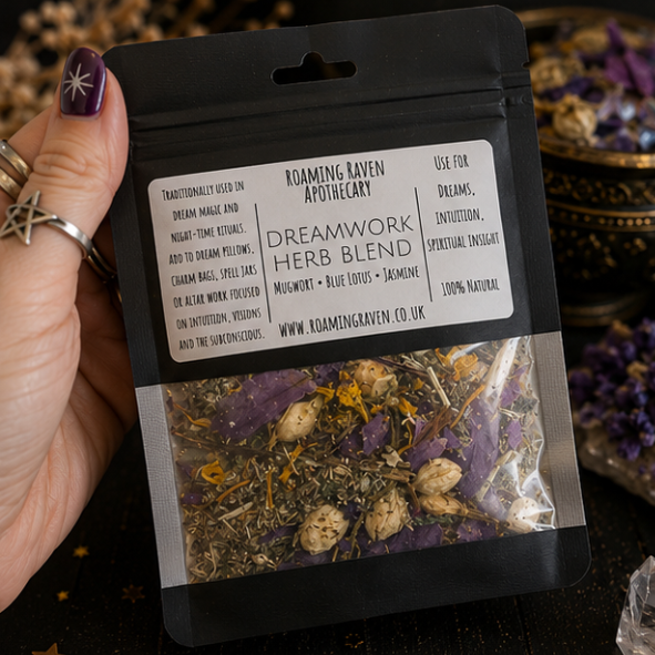 Dreamwork Herb Blend featuring Mugwort, Blue Lotus and Jasmine in a resealable apothecary pouch by Roaming Raven.