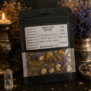 Dreamwork Herb Blend featuring Mugwort, Blue Lotus and Jasmine in a resealable apothecary pouch by Roaming Raven.