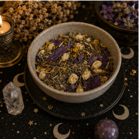 Dreamwork Herb Blend featuring Mugwort, Blue Lotus and Jasmine in a resealable apothecary pouch by Roaming Raven.