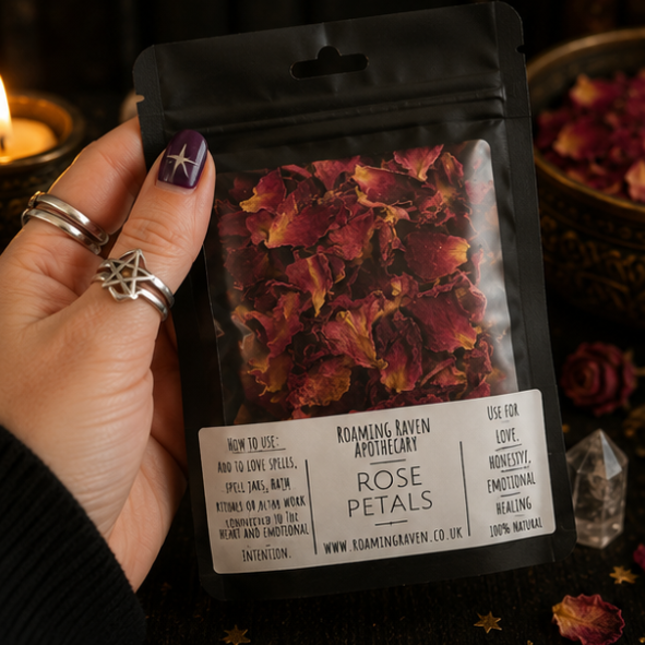 Premium Dried Rose Petals in a resealable apothecary pouch for ritual, herbal craft and botanical collections by Roaming Raven.