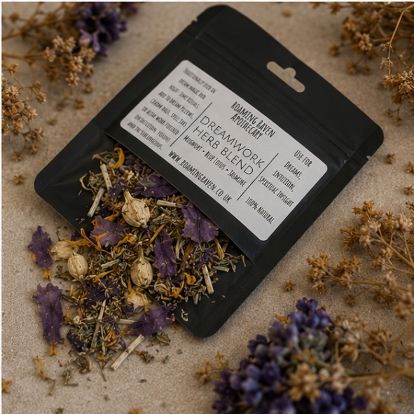 Dreamwork Herb Blend featuring Mugwort, Blue Lotus and Jasmine in a resealable apothecary pouch by Roaming Raven.