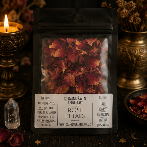 Premium Dried Rose Petals in a resealable apothecary pouch for ritual, herbal craft and botanical collections by Roaming Raven.