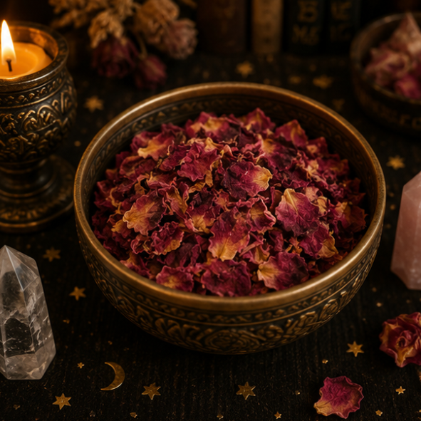Premium Dried Rose Petals in a resealable apothecary pouch for ritual, herbal craft and botanical collections by Roaming Raven.