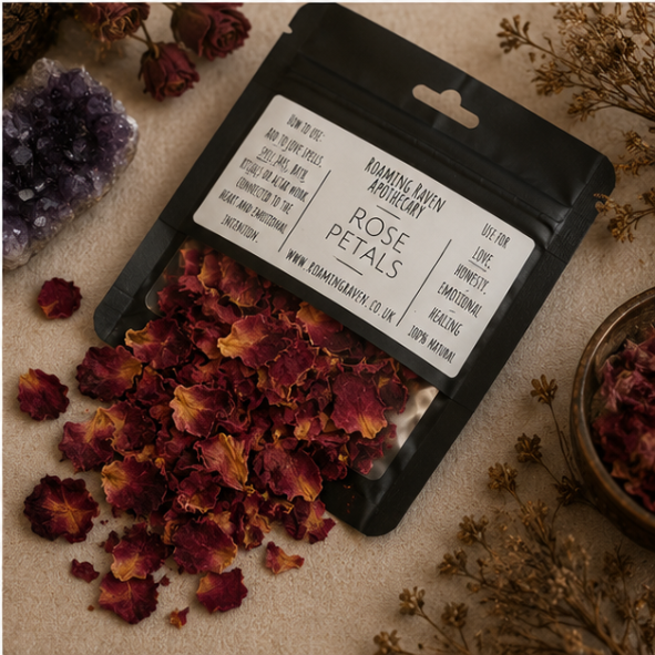 Premium Dried Rose Petals in a resealable apothecary pouch for ritual, herbal craft and botanical collections by Roaming Raven.