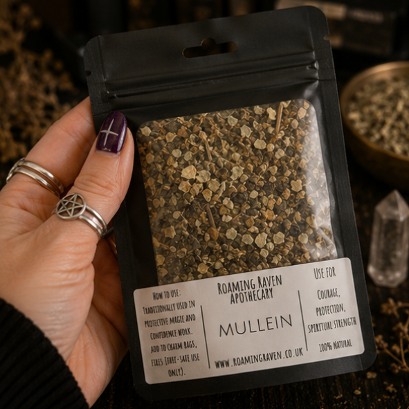Premium Dried Mullein Leaf in a resealable apothecary pouch for ritual, herbal craft and botanical collections by Roaming Raven.