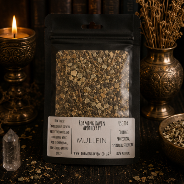 Premium Dried Mullein Leaf in a resealable apothecary pouch for ritual, herbal craft and botanical collections by Roaming Raven.