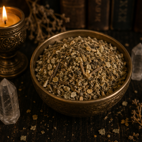 Premium Dried Mullein Leaf in a resealable apothecary pouch for ritual, herbal craft and botanical collections by Roaming Raven.