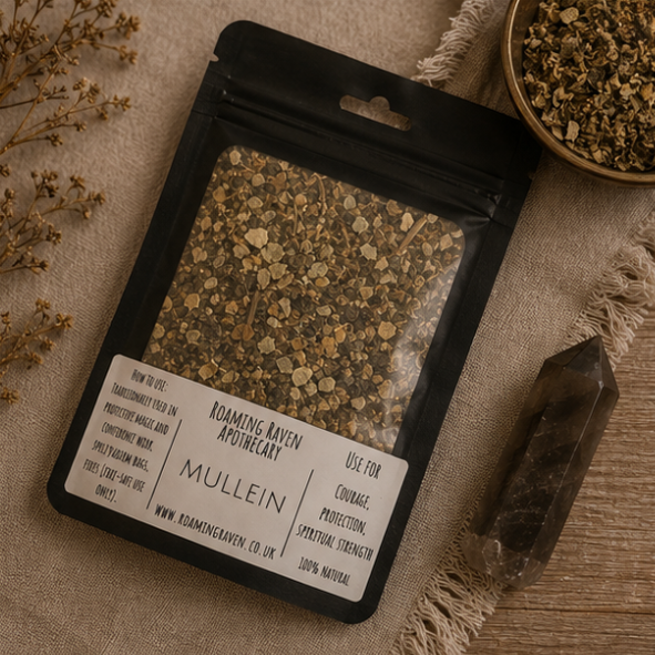 Premium Dried Mullein Leaf in a resealable apothecary pouch for ritual, herbal craft and botanical collections by Roaming Raven.