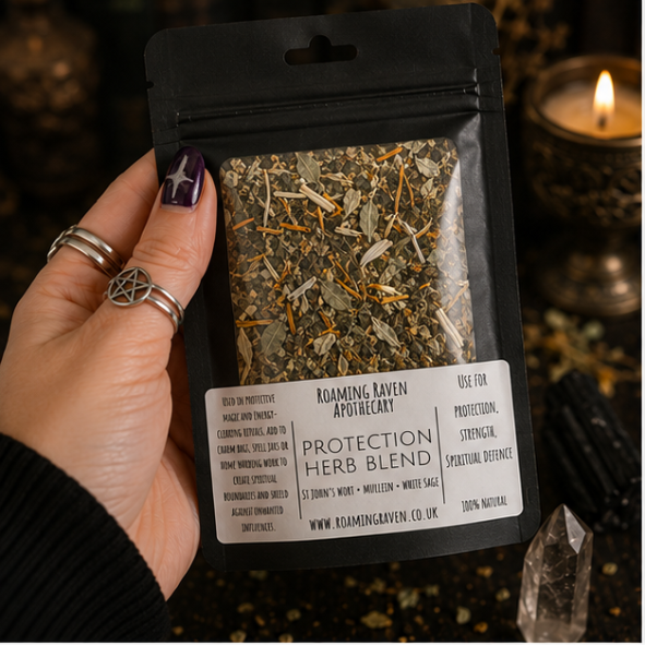 Protection Herb Blend featuring rosemary, mugwort, mullein and white sage in a resealable apothecary pouch by Roaming Raven.