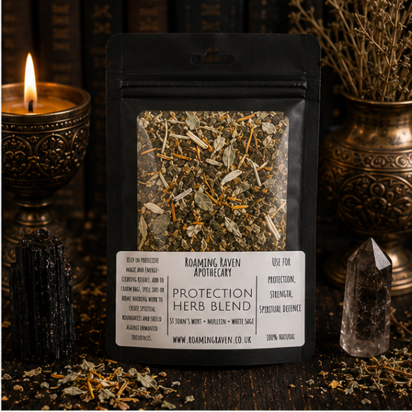 Protection Herb Blend featuring rosemary, mugwort, mullein and white sage in a resealable apothecary pouch by Roaming Raven.
