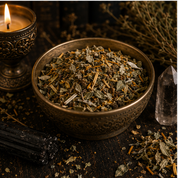 Protection Herb Blend featuring rosemary, mugwort, mullein and white sage in a resealable apothecary pouch by Roaming Raven.