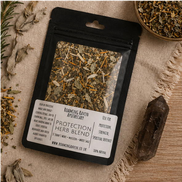 Protection Herb Blend featuring rosemary, mugwort, mullein and white sage in a resealable apothecary pouch by Roaming Raven.