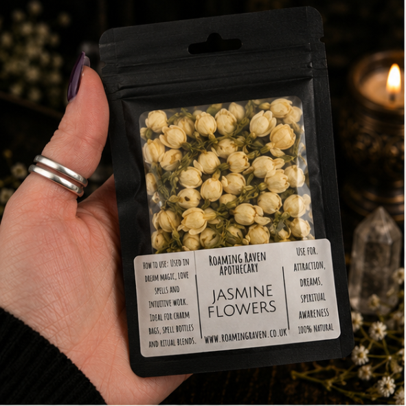 Premium Dried Jasmine Flowers in a resealable apothecary pouch for ritual, dreamwork and botanical collections by Roaming Raven.