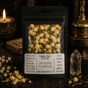 Premium Dried Jasmine Flowers in a resealable apothecary pouch for ritual, dreamwork and botanical collections by Roaming Raven.