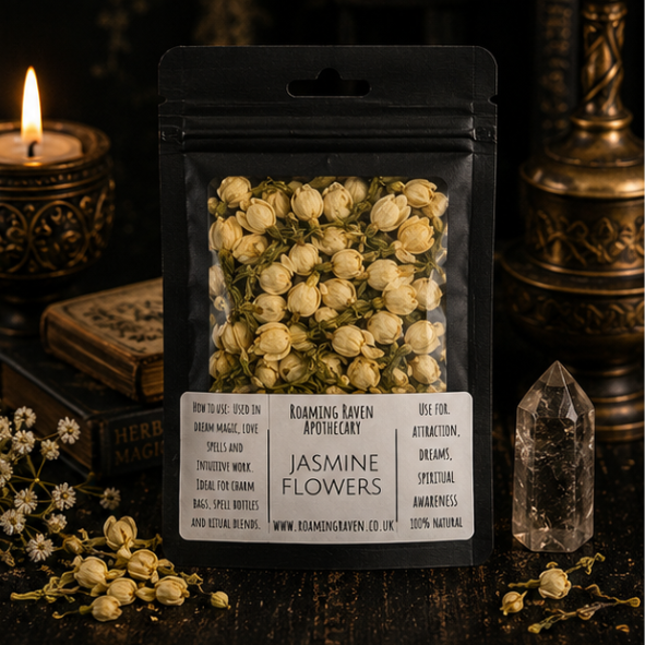 Premium Dried Jasmine Flowers in a resealable apothecary pouch for ritual, dreamwork and botanical collections by Roaming Raven.