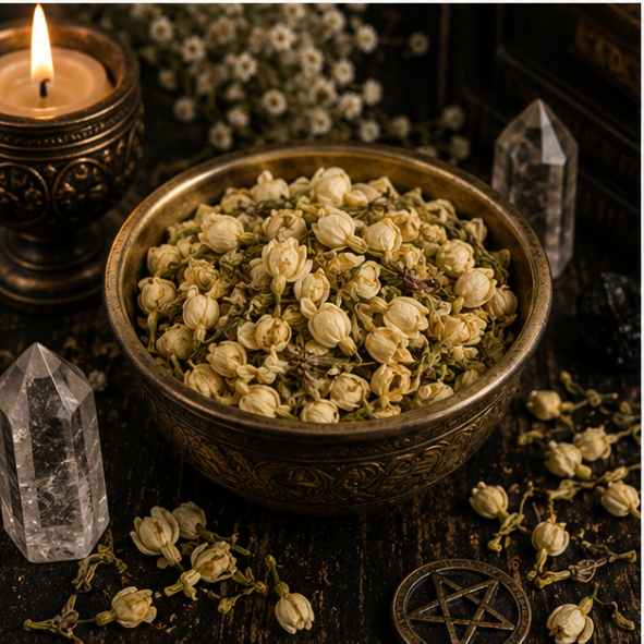 Premium Dried Jasmine Flowers in a resealable apothecary pouch for ritual, dreamwork and botanical collections by Roaming Raven.