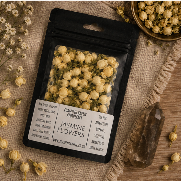 Premium Dried Jasmine Flowers in a resealable apothecary pouch for ritual, dreamwork and botanical collections by Roaming Raven.