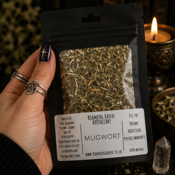 Premium Dried Mugwort Herb in a resealable apothecary pouch for ritual, dreamwork and botanical collections by Roaming Raven.