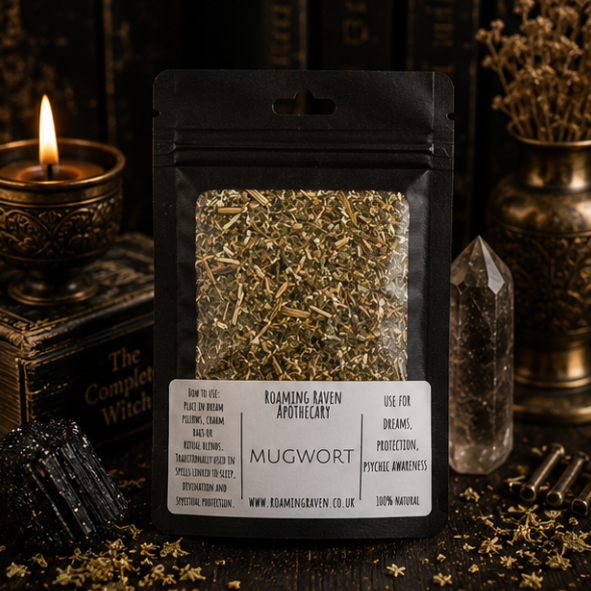 Premium Dried Mugwort Herb in a resealable apothecary pouch for ritual, dreamwork and botanical collections by Roaming Raven.
