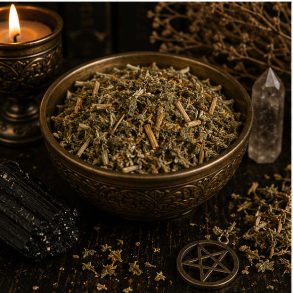 Premium Dried Mugwort Herb in a resealable apothecary pouch for ritual, dreamwork and botanical collections by Roaming Raven.