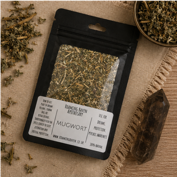 Premium Dried Mugwort Herb in a resealable apothecary pouch for ritual, dreamwork and botanical collections by Roaming Raven.
