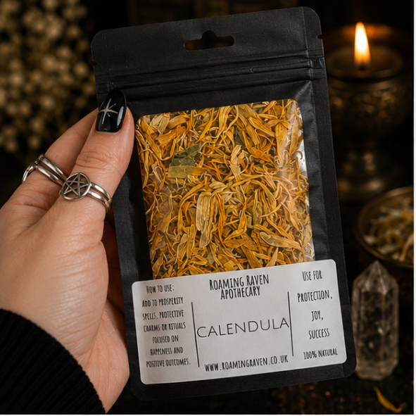 Premium Dried Calendula Petals in a resealable apothecary pouch for herbal craft, ritual and botanical collections by Roaming Raven.