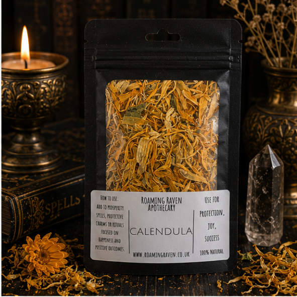 Premium Dried Calendula Petals in a resealable apothecary pouch for herbal craft, ritual and botanical collections by Roaming Raven.
