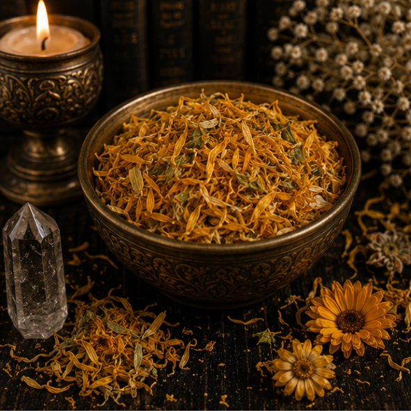 Premium Dried Calendula Petals in a resealable apothecary pouch for herbal craft, ritual and botanical collections by Roaming Raven.
