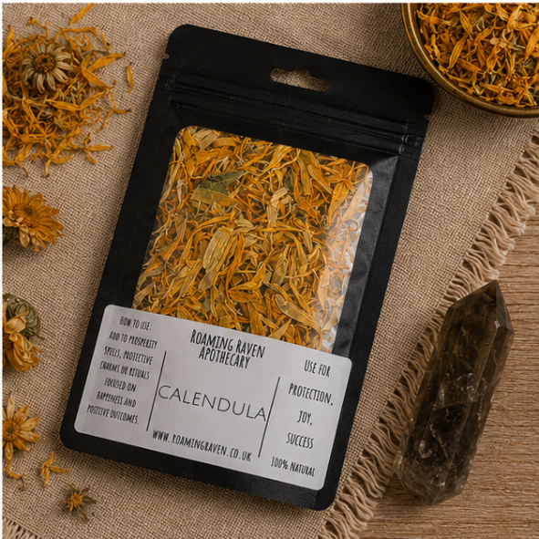 Premium Dried Calendula Petals in a resealable apothecary pouch for herbal craft, ritual and botanical collections by Roaming Raven.