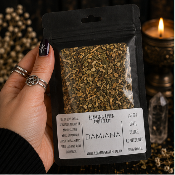 Premium Dried Damiana Leaf in a resealable apothecary pouch for herbal craft, ritual and botanical collections by Roaming Raven.