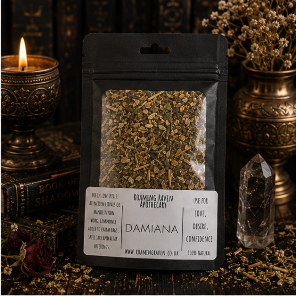 Premium Dried Damiana Leaf in a resealable apothecary pouch for herbal craft, ritual and botanical collections by Roaming Raven.