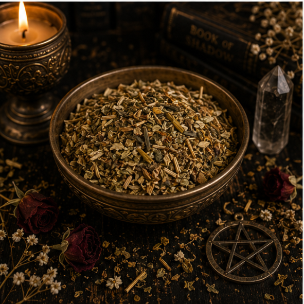 Premium Dried Damiana Leaf in a resealable apothecary pouch for herbal craft, ritual and botanical collections by Roaming Raven.