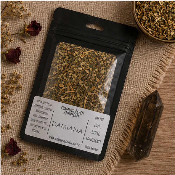 Premium Dried Damiana Leaf in a resealable apothecary pouch for herbal craft, ritual and botanical collections by Roaming Raven.