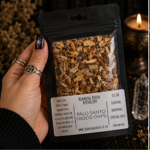 Premium Palo Santo Wood Chips in a resealable apothecary pouch for ritual, cleansing and botanical craft by Roaming Raven.