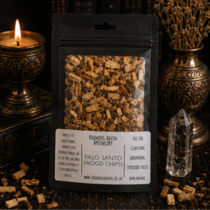 Premium Palo Santo Wood Chips in a resealable apothecary pouch for ritual, cleansing and botanical craft by Roaming Raven.