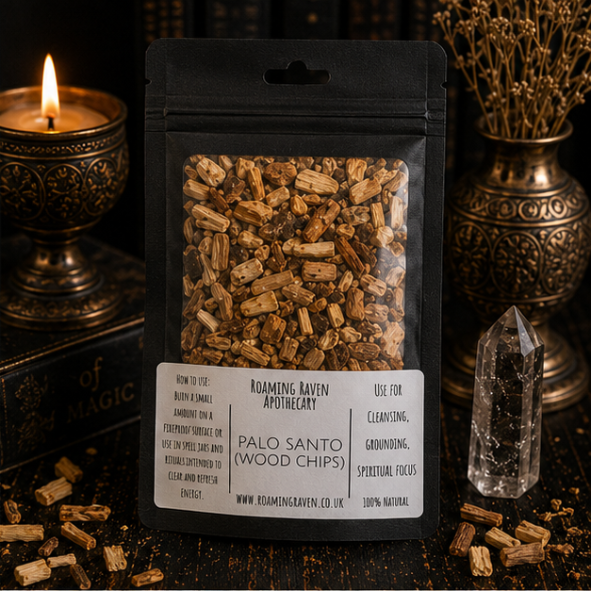 Premium Palo Santo Wood Chips in a resealable apothecary pouch for ritual, cleansing and botanical craft by Roaming Raven.