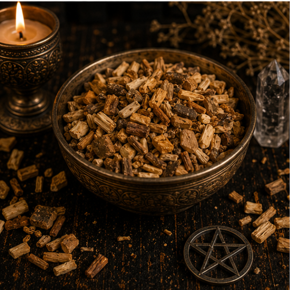 Premium Palo Santo Wood Chips in a resealable apothecary pouch for ritual, cleansing and botanical craft by Roaming Raven.