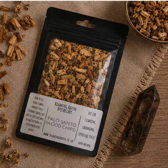 Premium Palo Santo Wood Chips in a resealable apothecary pouch for ritual, cleansing and botanical craft by Roaming Raven.